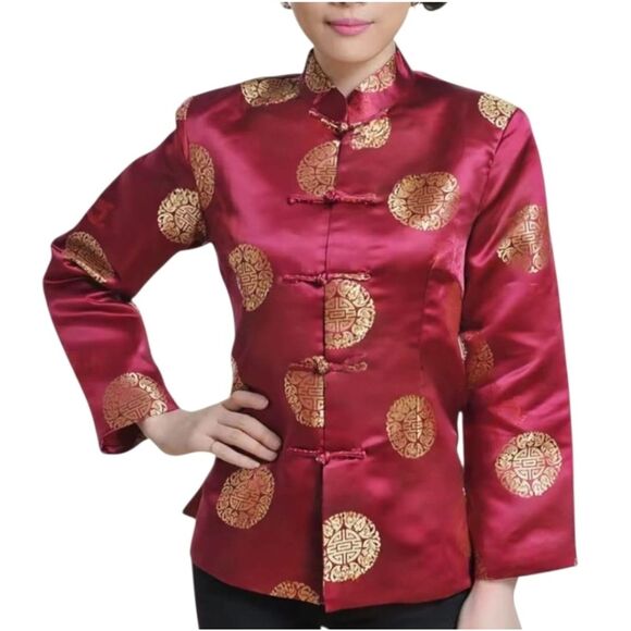 Chinese Tang Cheongsam Magenta Gold Jacket Frog Buttons Mandarin Collar Sz M - Picture 1 of 15